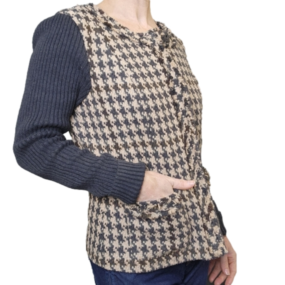 Mixer Knit sweater Cardigan Jacket zipper Houndstooth Cotton wool Size 2 CABI